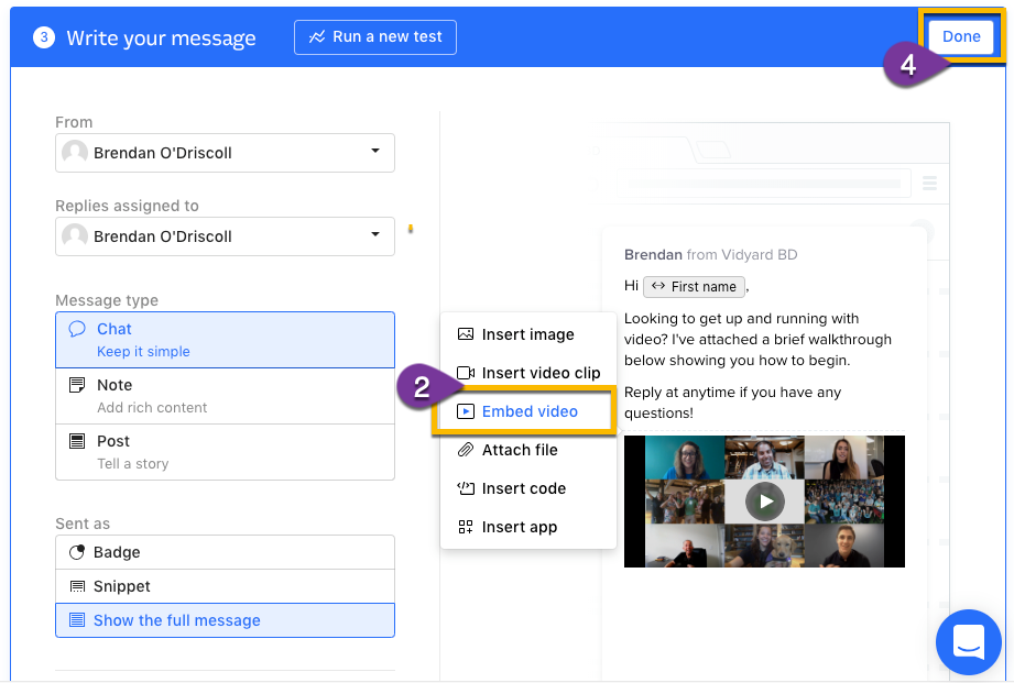 Using the Vidyard sharing page URL to embed a video into your message