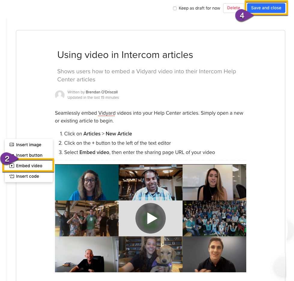Using the Vidyard sharing page URL to embed a video into your article