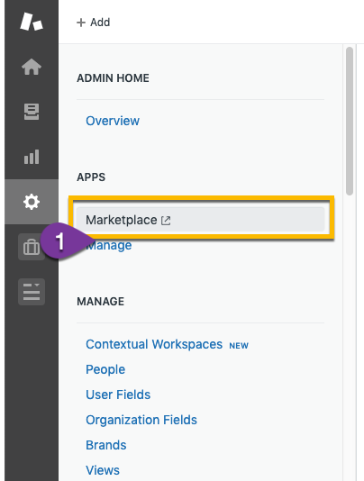 Opening the Zendesk marketplace from the Admin settings menu