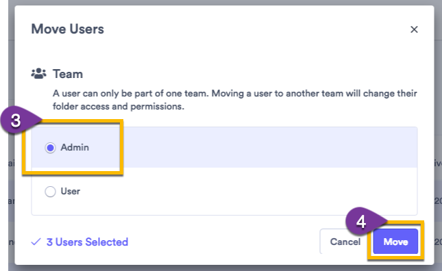 Selecting a team for users to move to, then confirming