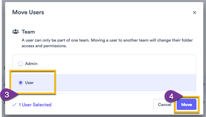 Selecting a team for a user to move to, then confirming