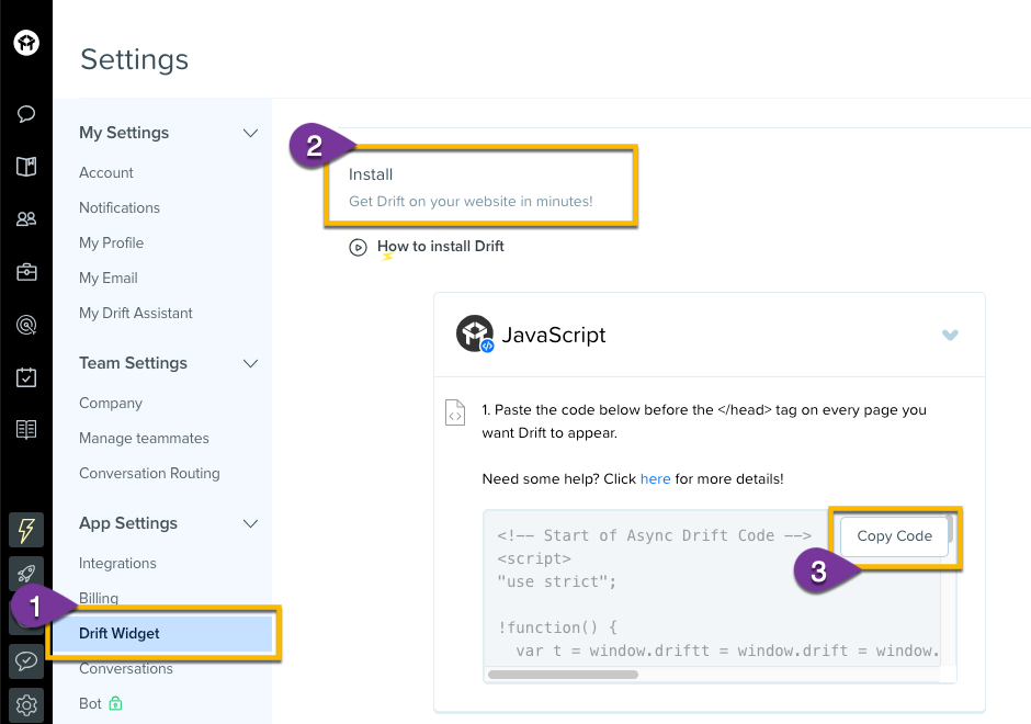 Copying the javascript installation code from Drift settings