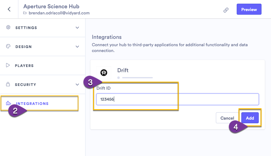 Adding the Drift ID to a hub or sharing page integration settings