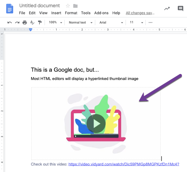 Open Google Doc showing Vidyard sharing link and thumbnail pasted into main body of document