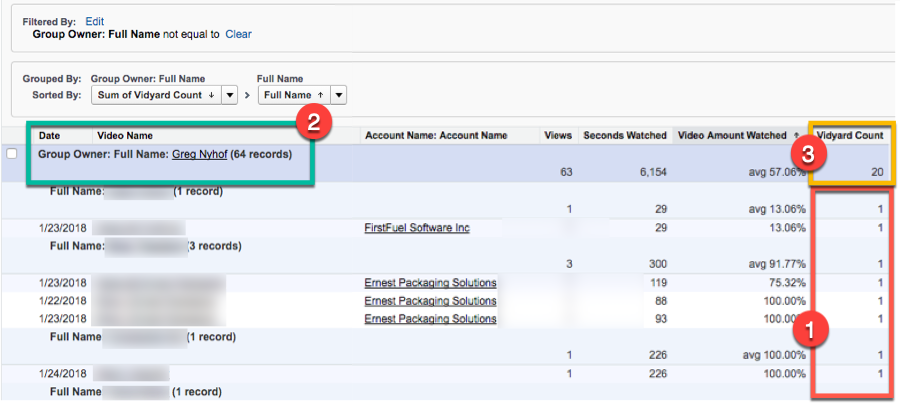 Example of report with Vidyard Count field. Indicates where individual views, total views, and unique views are located.