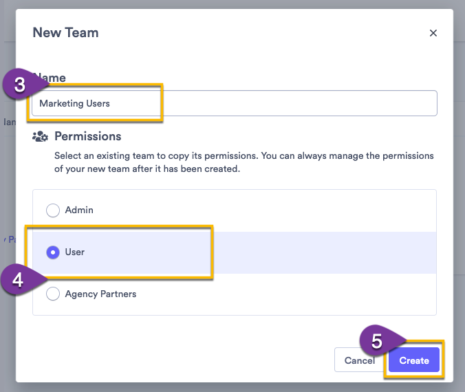 Giving your team a name and copying permissions from an existing team