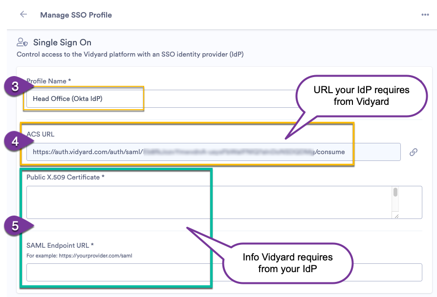Exchanging the ACS URL from Vidyard with the SAML endpoint and certificate from your IdP