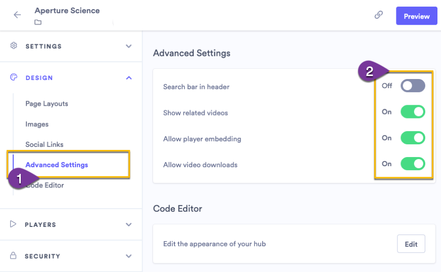 Changing the advanced settings toggles to adjust what visitors to your hub can do and see