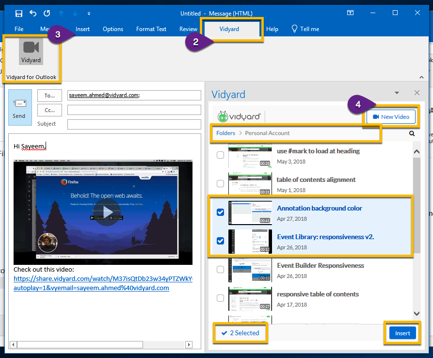 The Vidyard add-in open on the right-hand side of an email compose window. Demonstrates options to upload a new video, create a playlist and insert video into an email