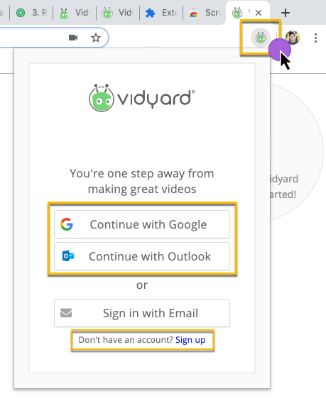 Selecting an option to sign in to Vidyard or create a new account