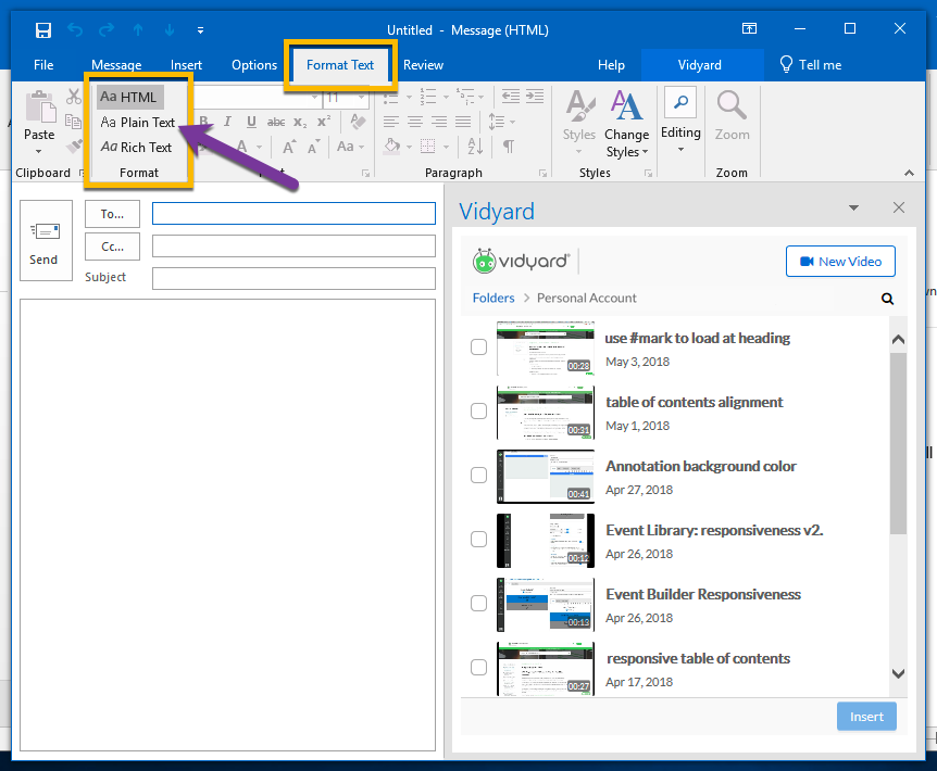 Outlook compose window text format options, including HTML, Plain text, and Rich Text