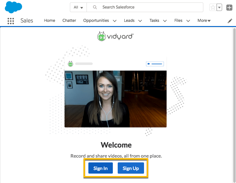 Interface to either sign in to an existing Vidyard account or create a new account