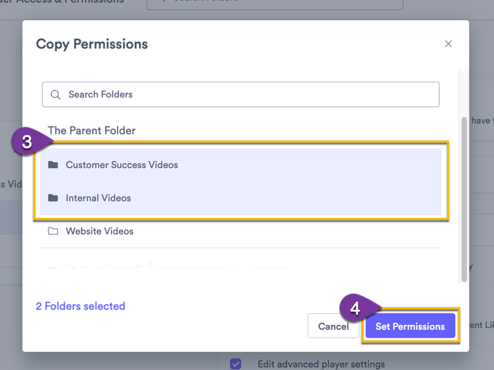 Selecting one or more folders to copy permissions to