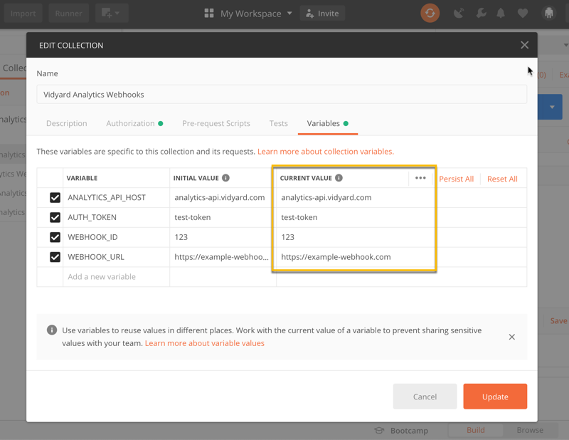 Updating the variables for the imported subscription webhook collection in Postman