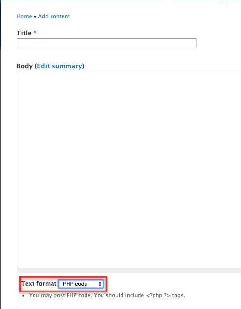 Choose PHP as the text format