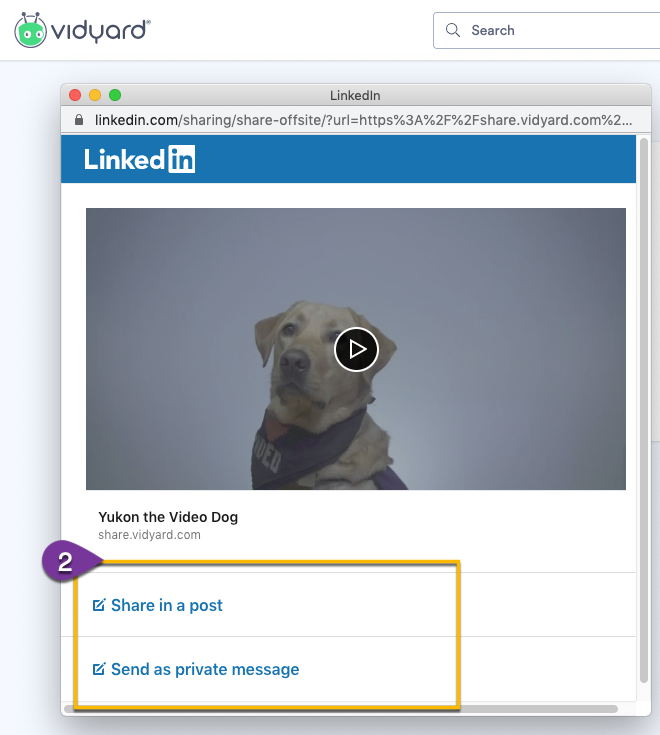Choosing an option to share a link to your video in a post to your feed or in a private message