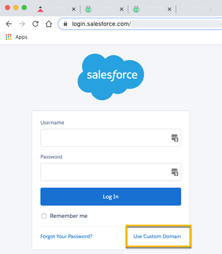 Using the Custom Domain option on the Salesforce sign in page