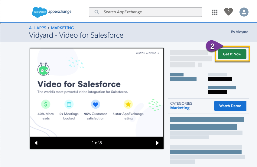 Beginning the install process for the Vidyard app in the Salesforce AppExchange