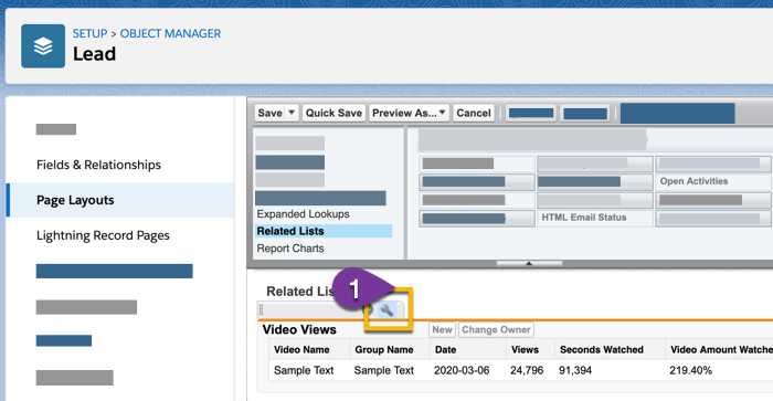 Selecting the wrench icon to customize the fields available on the related list