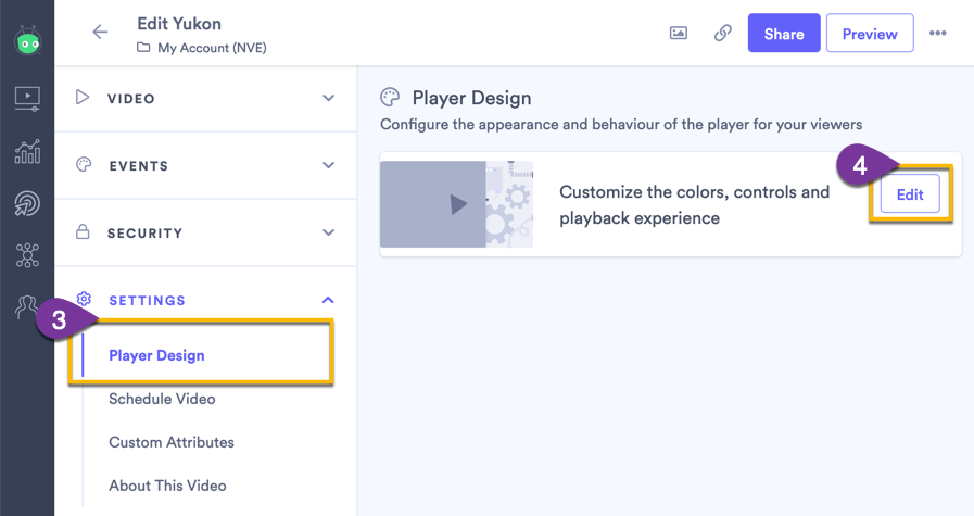 Selecting the Edit button to open the Player Design settings for a video