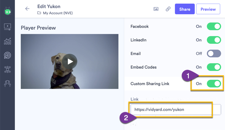 Changing the Custom Sharing Link setting to customize the web address where audiences referred to your videos are directed