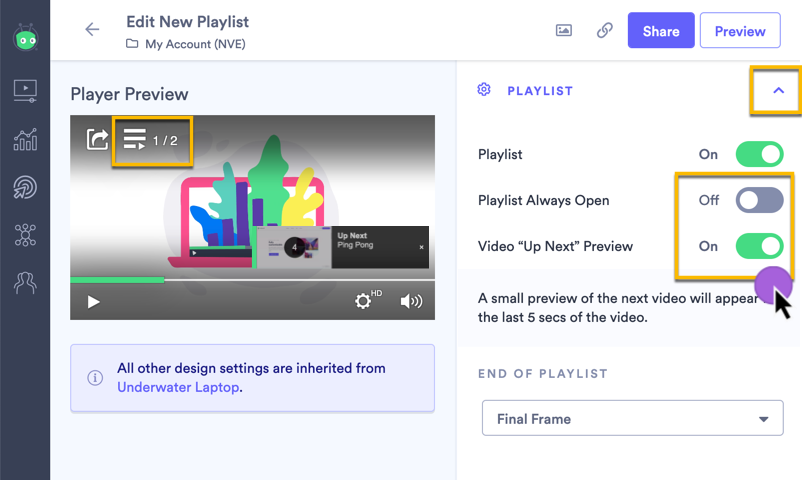 Using the settings toggles to determine the behavior of the playlist