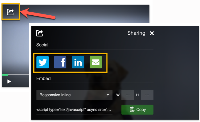 Selecting the share button of the video player to reveal the re-sharing options avaialable to your viewers