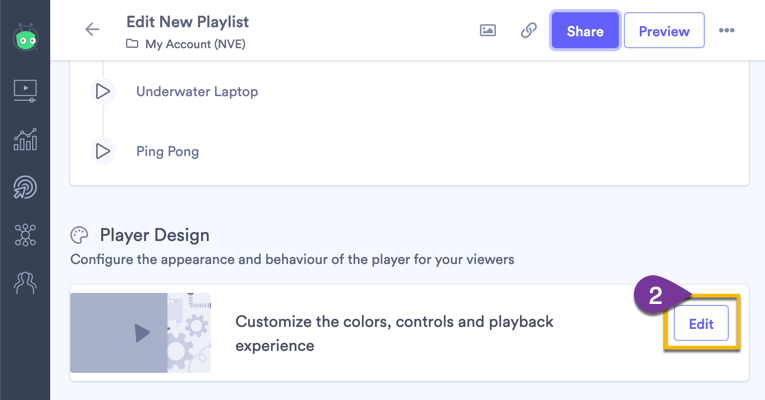 Selecting the Edit button to open the Player Design settings for the playlist