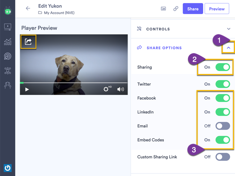 Changing the settings to control which re-sharing options are readily available to your viewers on the player