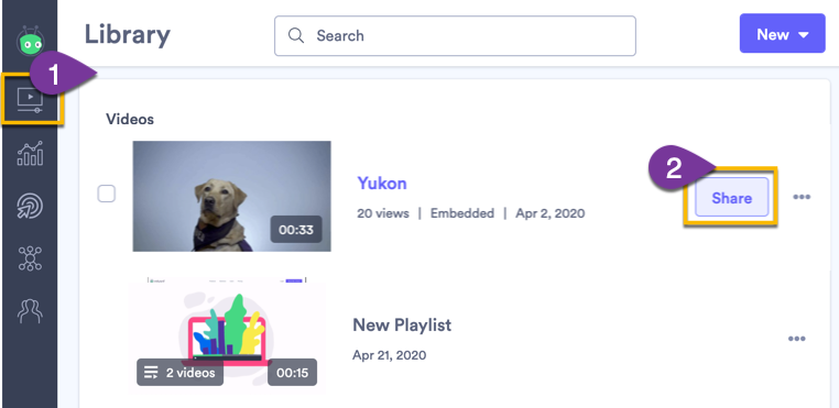 Opening the sharing options for a video in Vidyard