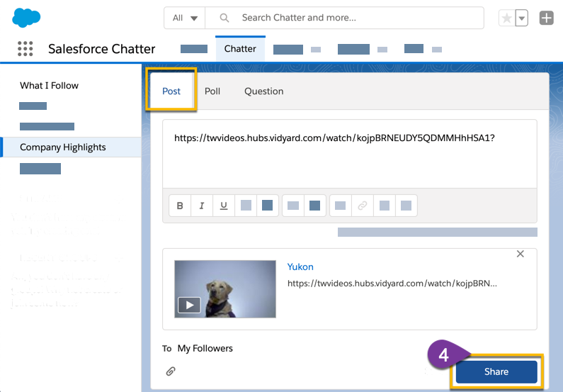 Pasting the sharing page link into a new Chatter post in Salesforce