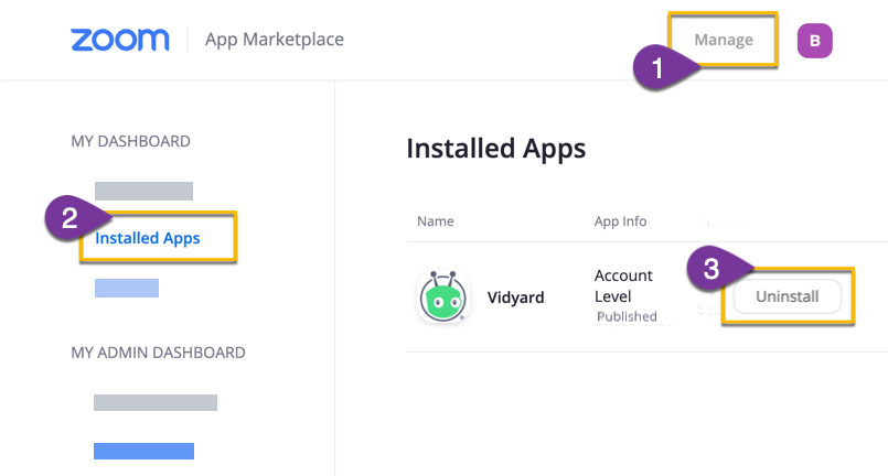 Uninstalling the Vidyard app from your list of installed apps in the Zoom Marketplace