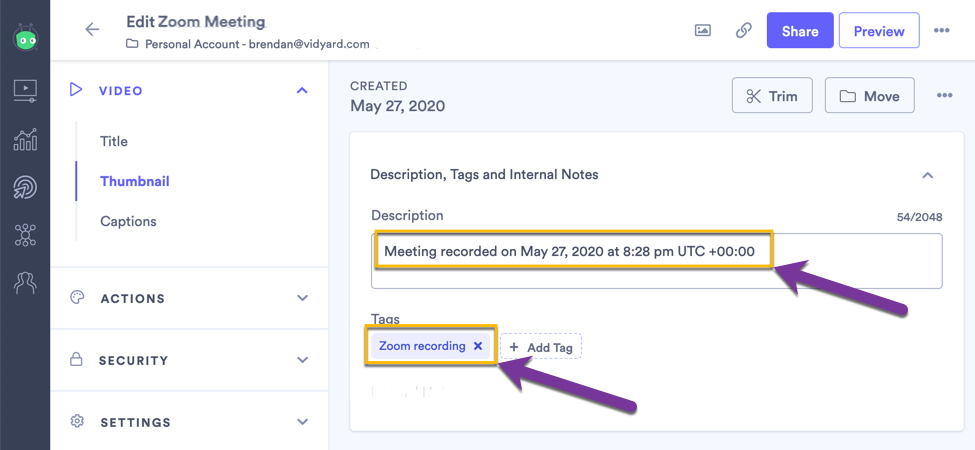 Noting the time and date of the Zoom meeting in the video description field as well as the Zoom meeting tag that has been added to the video