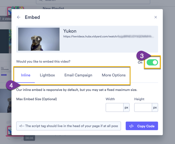 Turning the embed toggle for a video to ON, then selecting the type of embed you want to use