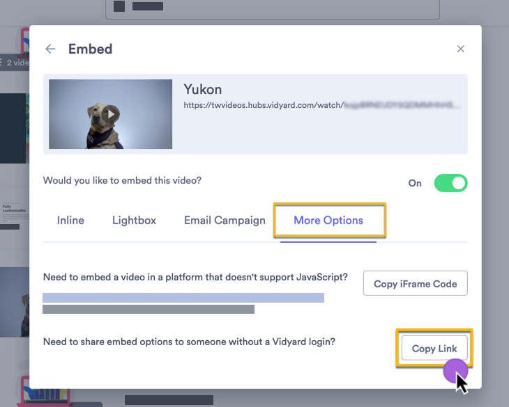 Copying a link so that you can share the embed options for your video with someone outside of Vidyard