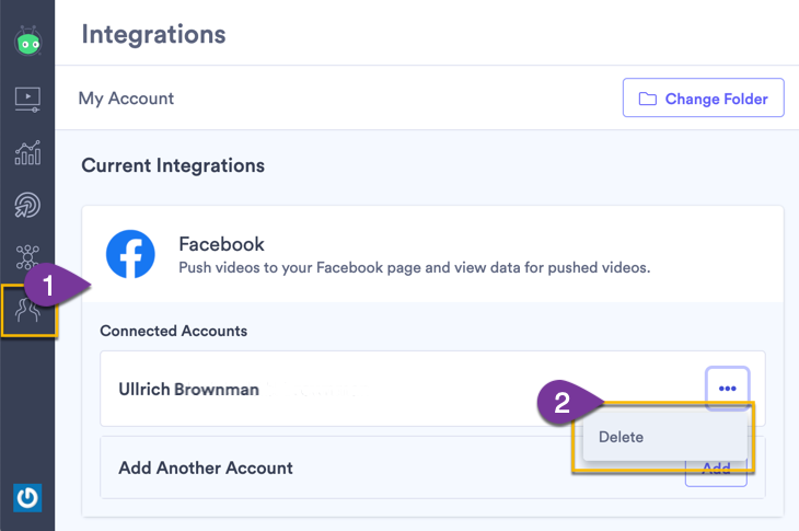 Opening the menu next to an connected Facebook account to delete the integration