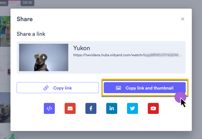 Usingt the Copy Link and Thumbnail sharing option in Vidyard