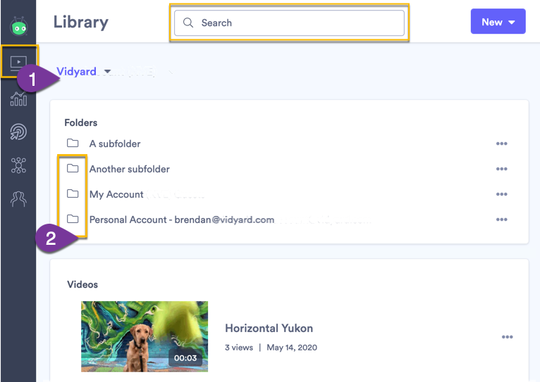 Using the folder menu to open your personal library in Vidyard