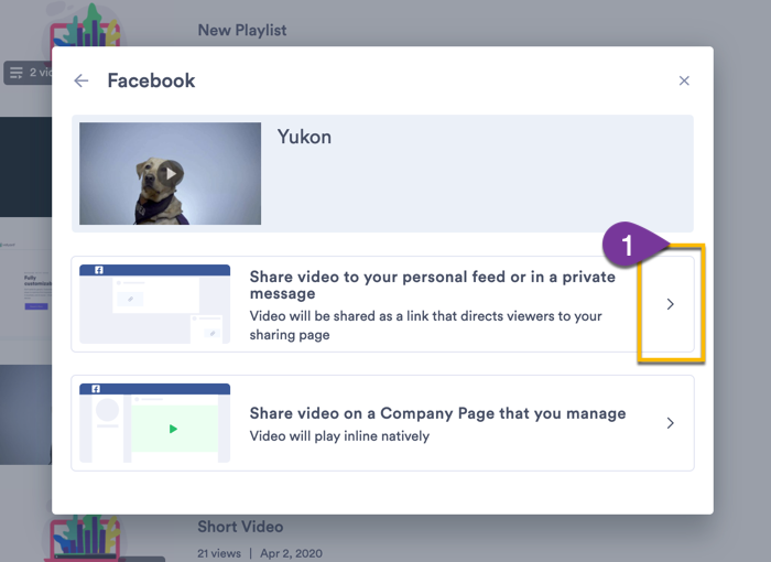 Choosing the option to share the video to your timeline or in a private message
