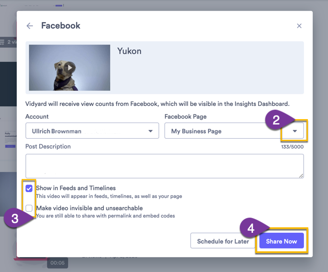 Selecting the account and page that you want to share to, writing a description, as well as additional sharing settings