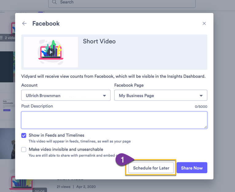 Selecting the the option to schedule a post to your Facebook page for later