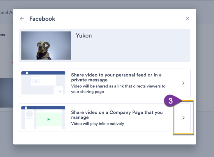 Selecting the option to share the video to a Facebook page