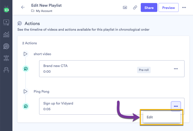Editing an Action that's applied to a video within a playlist