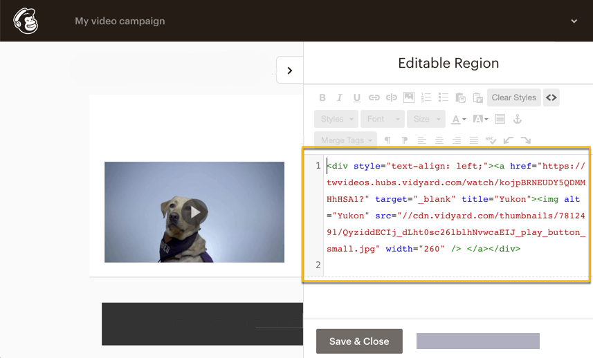 Pasting the embed code into MailChimp's email template HTML editor