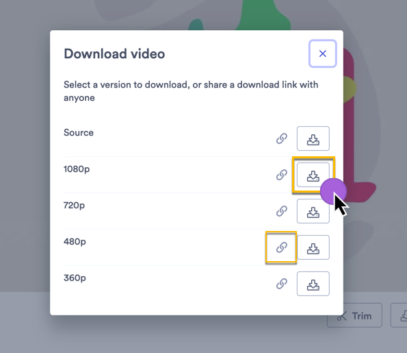 Options to download one of the available video files or copy a download link to share