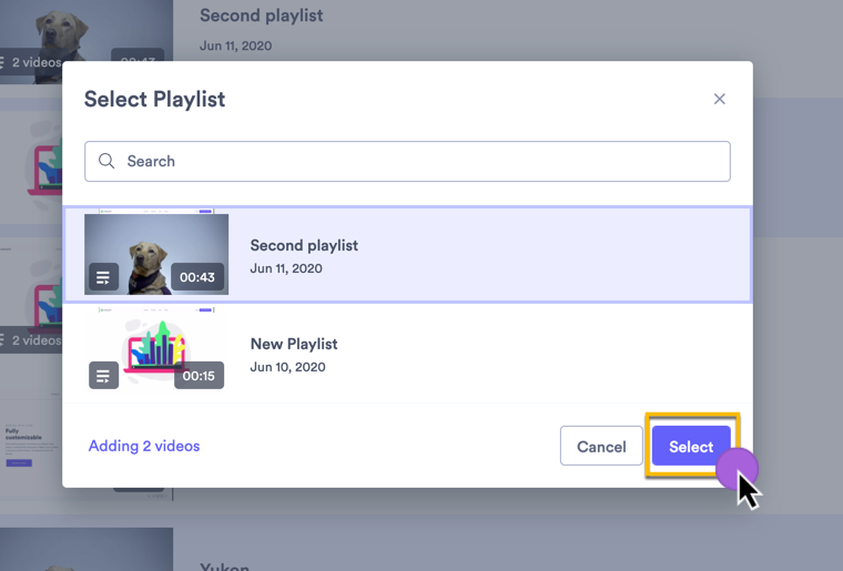 Selecting which playlist you want to add additional video to