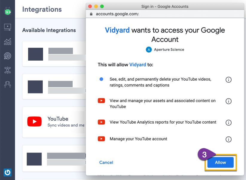 Reviewing the prompt from Google to allow Vidyard to manage aspects of your YouTube account