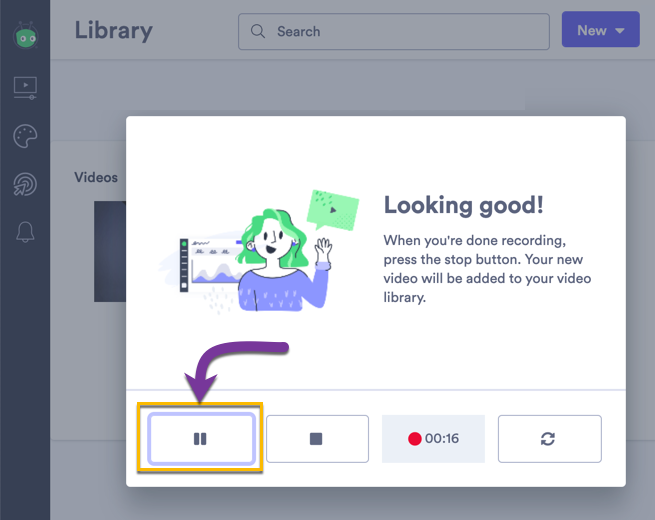 Selecting to button to pause or resume when recording a new video from your library