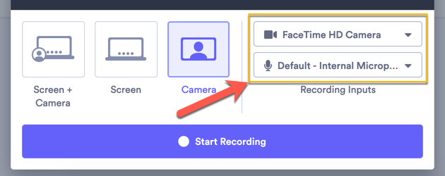 Recording a video from your librayr; using the dropdown menus to change your camera and microphone sources