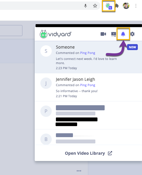 The notifications menu in the Vidyard browser extension